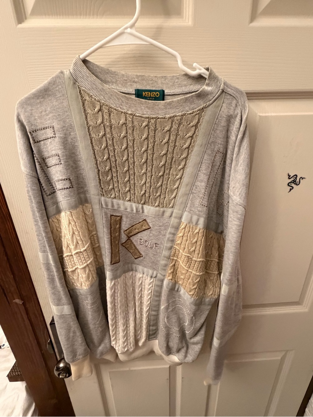 Kenzo Patchwork Cable-Knit Crewneck Sweater in Light Gray and Cream